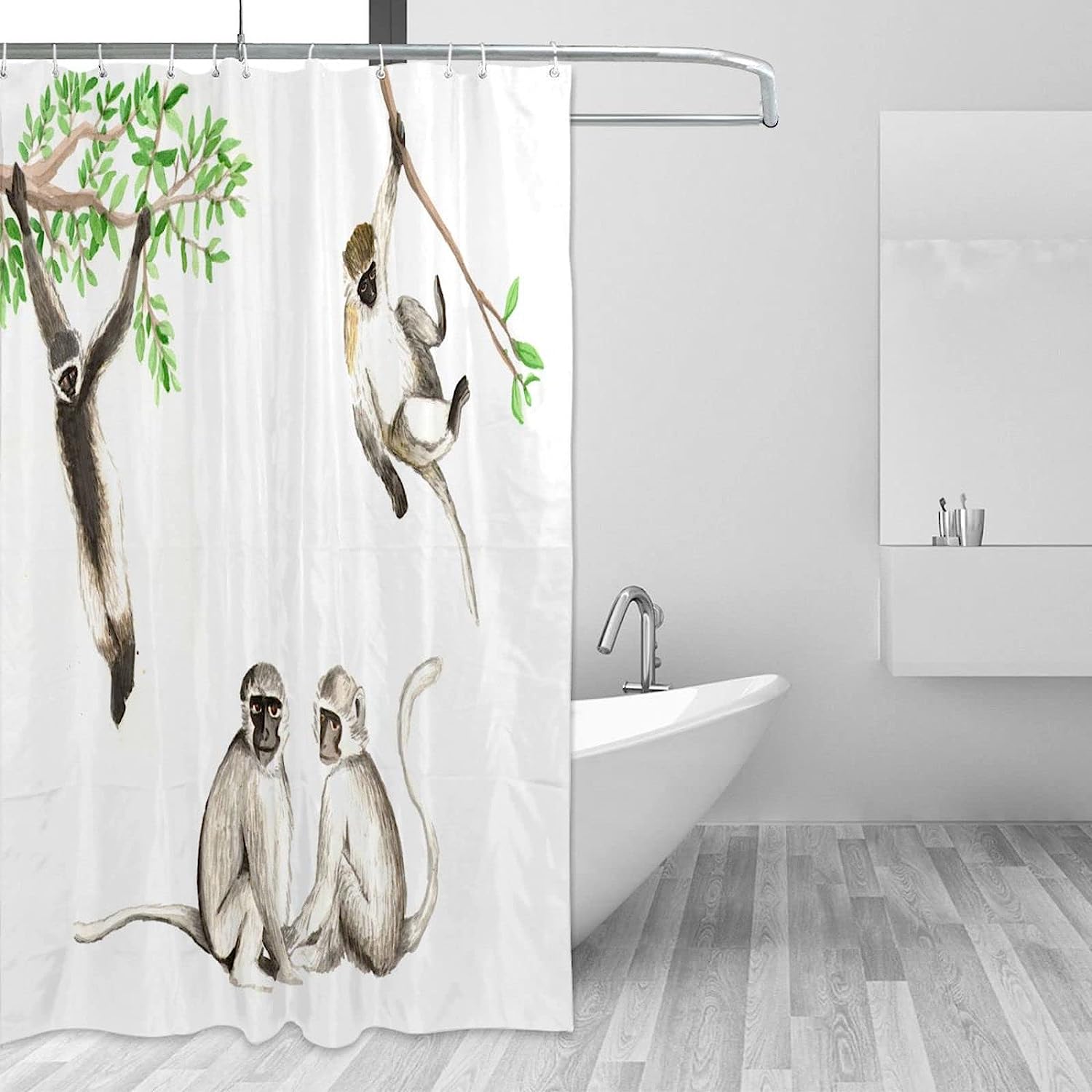 Watercolor Monkey Shower Curtain Cute Funny Animals, Various Poses Printed Fabric Waterproof Curtain