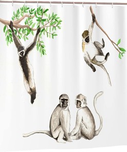 Watercolor Monkey Shower Curtain Cute Funny Animals, Various Poses Printed Fabric Waterproof Curtain