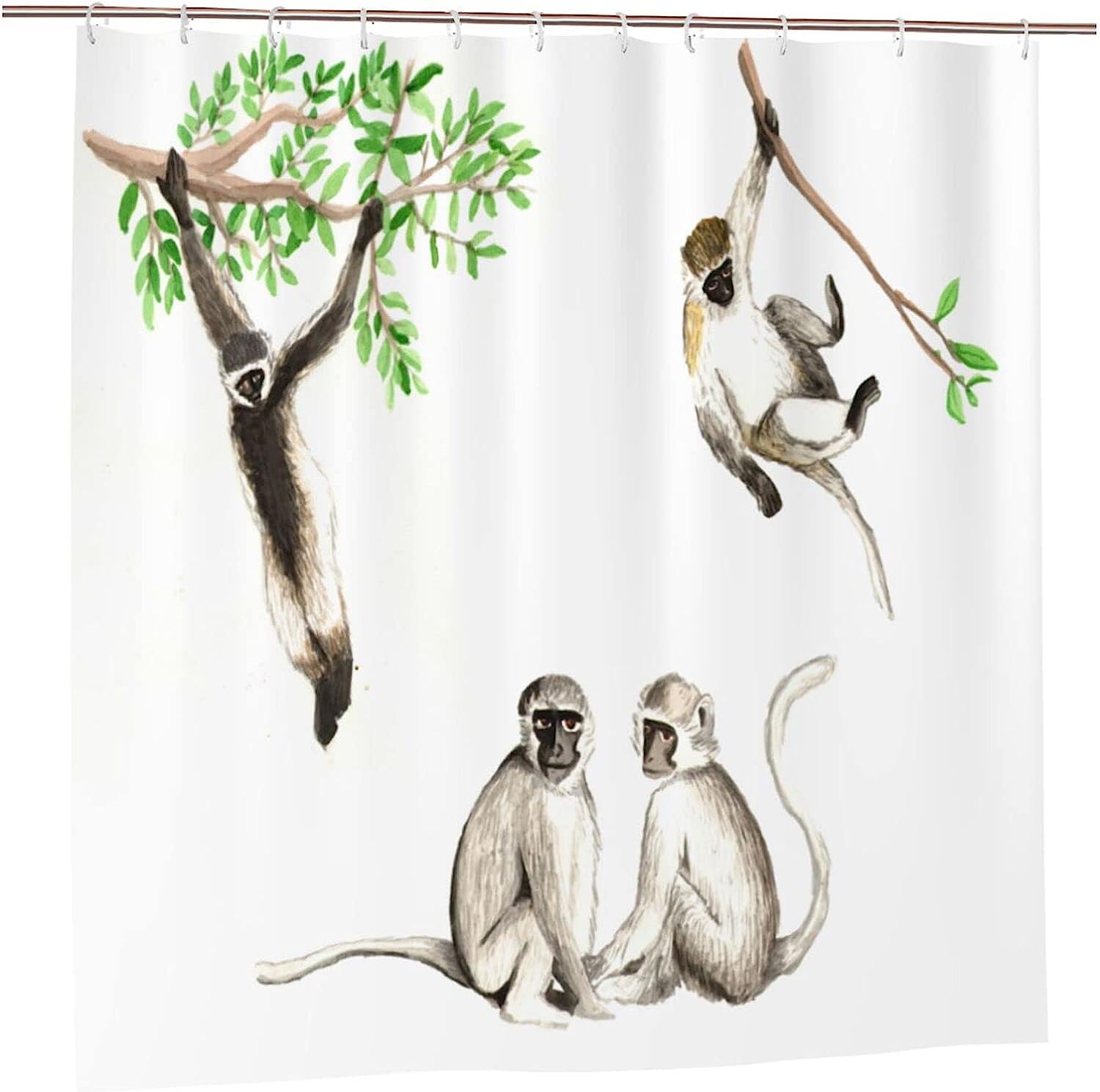 Watercolor Monkey Shower Curtain Cute Funny Animals, Various Poses Printed Fabric Waterproof Curtain