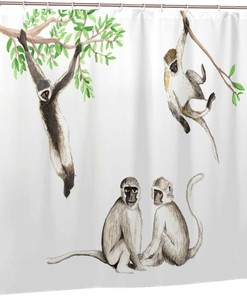 Watercolor Monkey Shower Curtain Cute Funny Animals, Various Poses Printed Fabric Waterproof Curtain