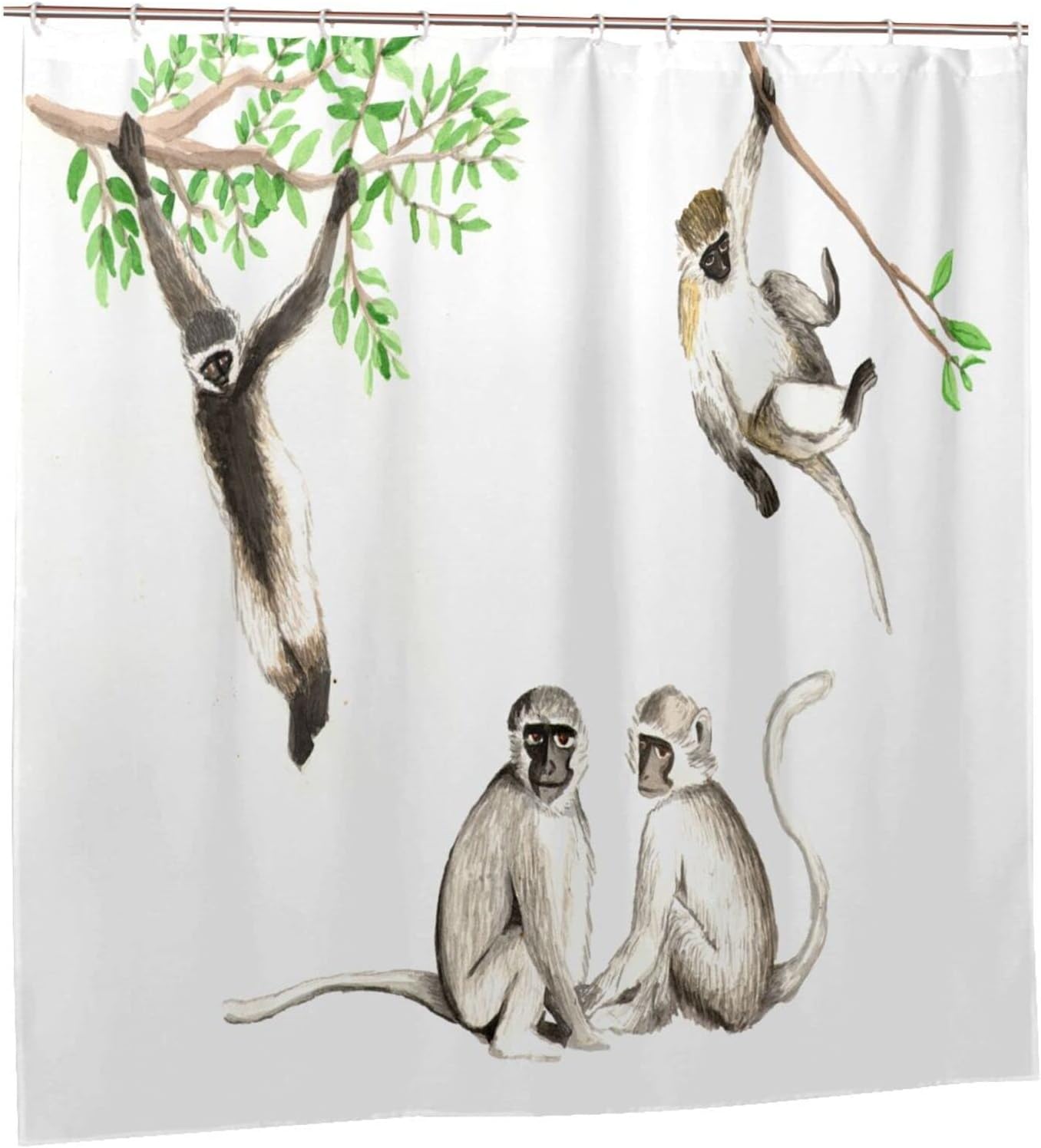 Watercolor Monkey Shower Curtain Cute Funny Animals, Various Poses Printed Fabric Waterproof Curtain