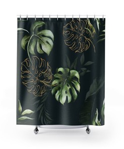 Watercolor Monstera Leaf Shower Curtain - Jungle Tropical Gold Design, Elegant Botanical Bathroom Decor