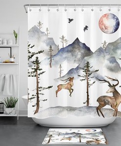 Watercolor Mountain Forest Animal Shower Curtain, Rustic Bathroom Decor