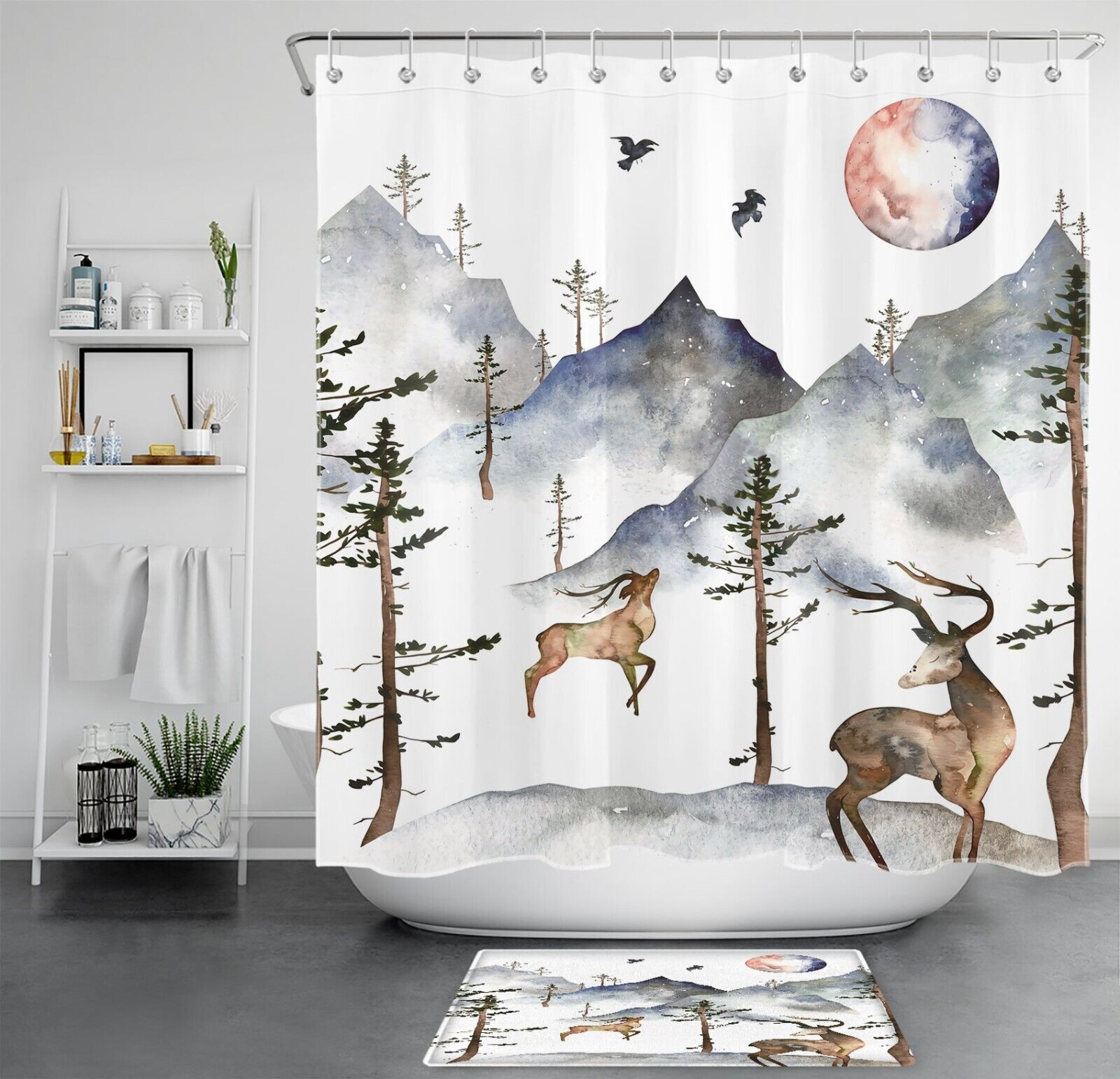 Watercolor Mountain Forest Animal Shower Curtain, Rustic Bathroom Decor