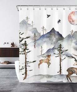 Watercolor Mountain Forest Animal Shower Curtain, Rustic Bathroom Decor