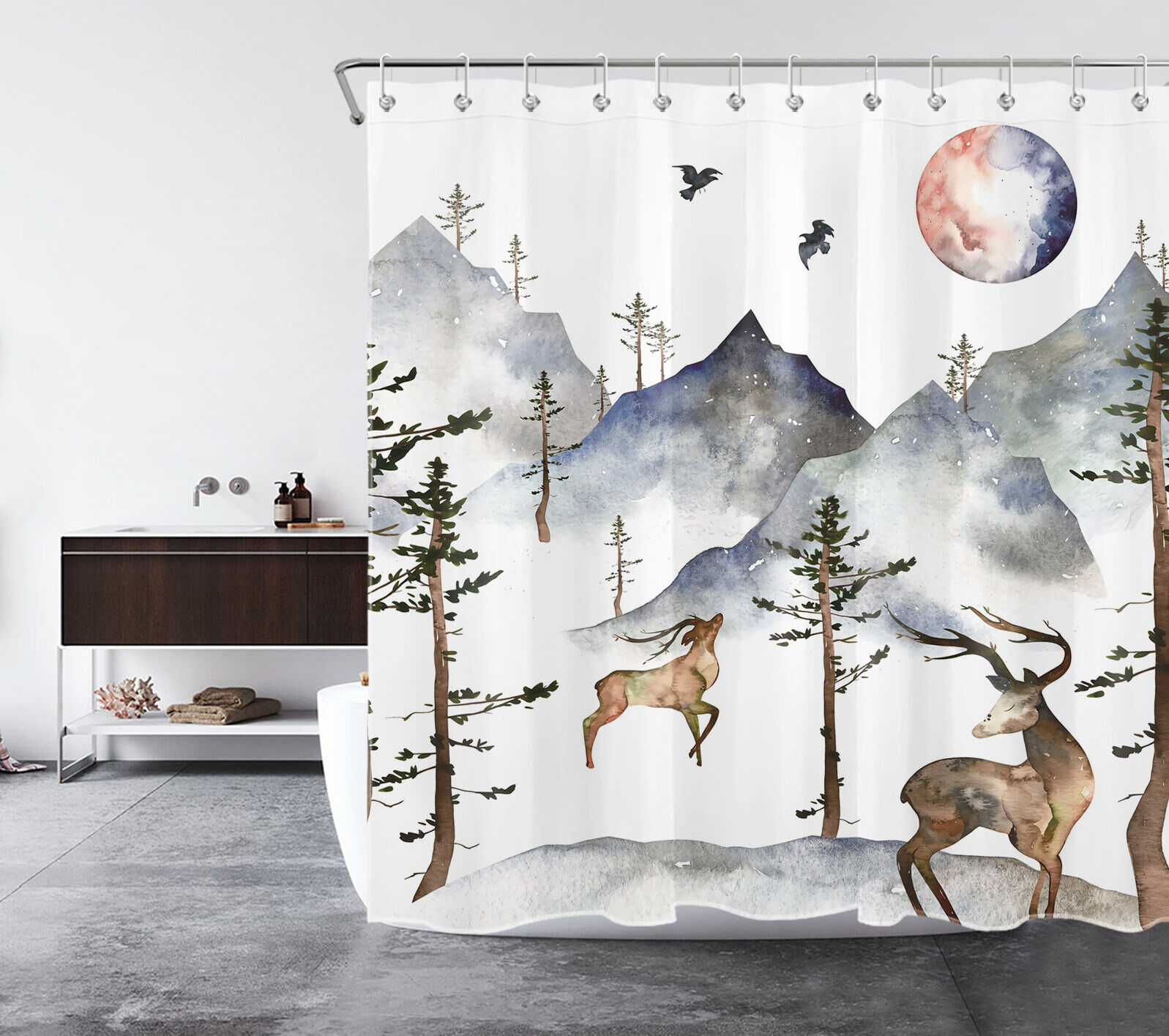 Watercolor Mountain Forest Animal Shower Curtain, Rustic Bathroom Decor