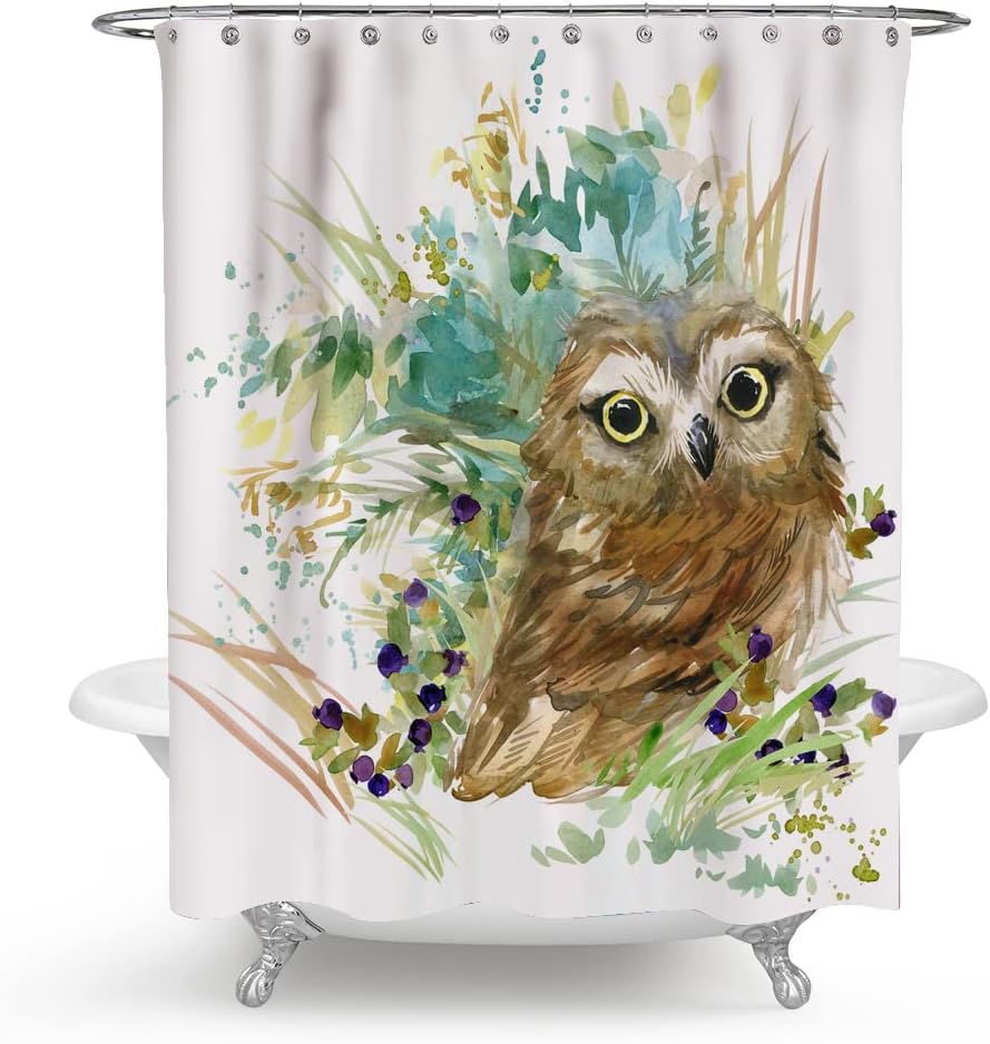 Watercolor Owl Shower Curtain, Cute Animal Design for Bathroom Decor