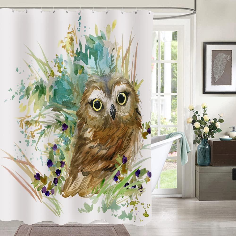Watercolor Owl Shower Curtain, Cute Animal Design for Bathroom Decor