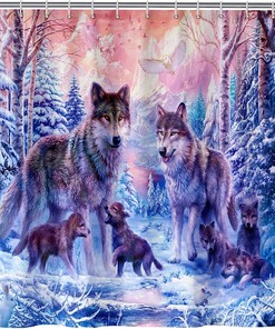 Watercolor Painting Art Anhope Snowy Winter Forest & Wolf Family Shower Curtain