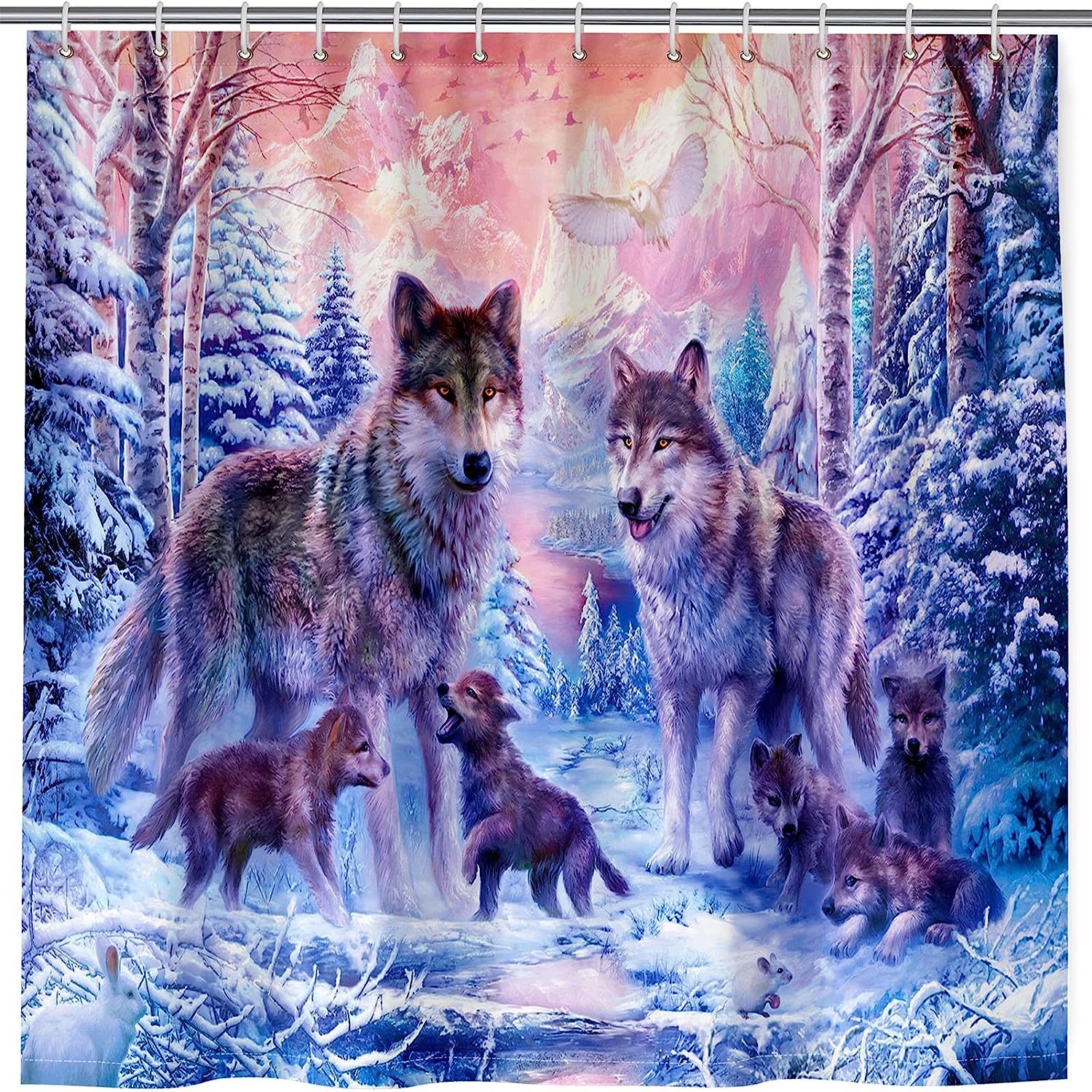 Watercolor Painting Art Anhope Snowy Winter Forest & Wolf Family Shower Curtain
