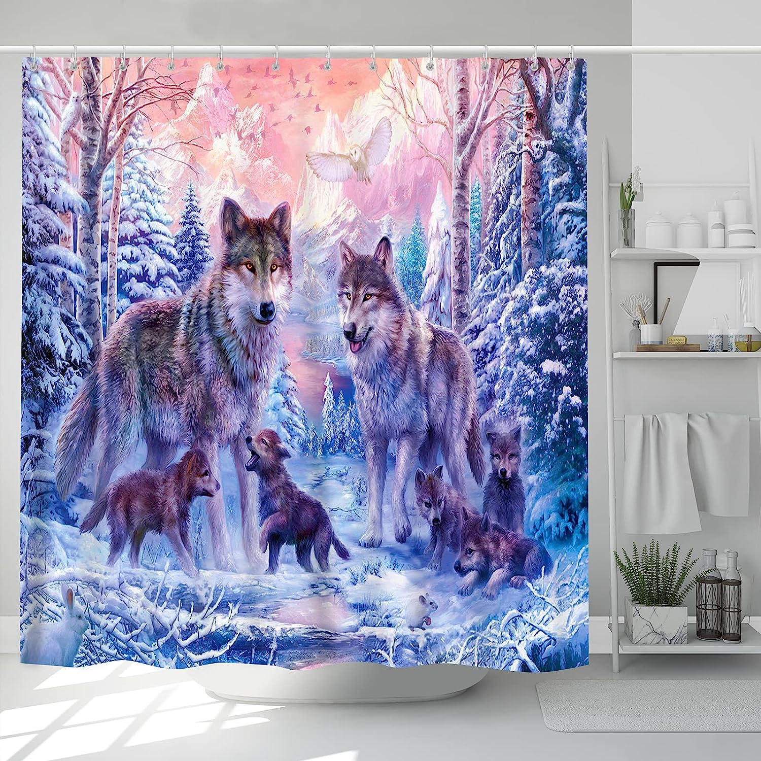 Watercolor Painting Art Anhope Snowy Winter Forest & Wolf Family Shower Curtain - Image 2