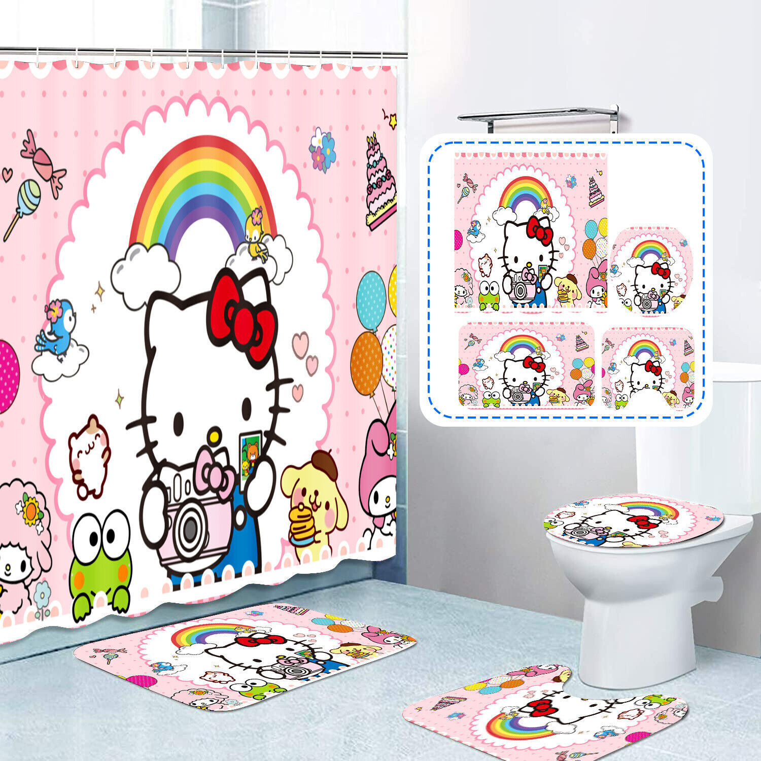 Watercolor Painting Paradise Frog Hello Kitty Animal Bathroom Shower Curtain