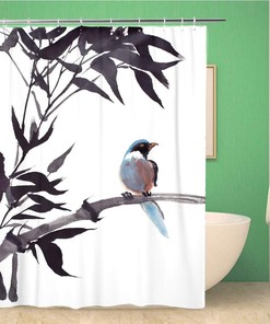 Watercolor Painting of Bird on Bamboo Shower Curtain