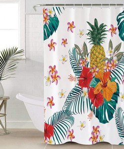 Watercolor Palm Leaves Flowers and Pineapple Unique Shower Curtain