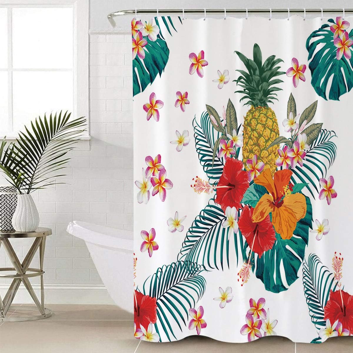 Watercolor Palm Leaves Flowers and Pineapple Unique Shower Curtain