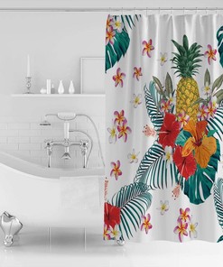 Watercolor Palm Leaves Flowers and Pineapple Unique Shower Curtain