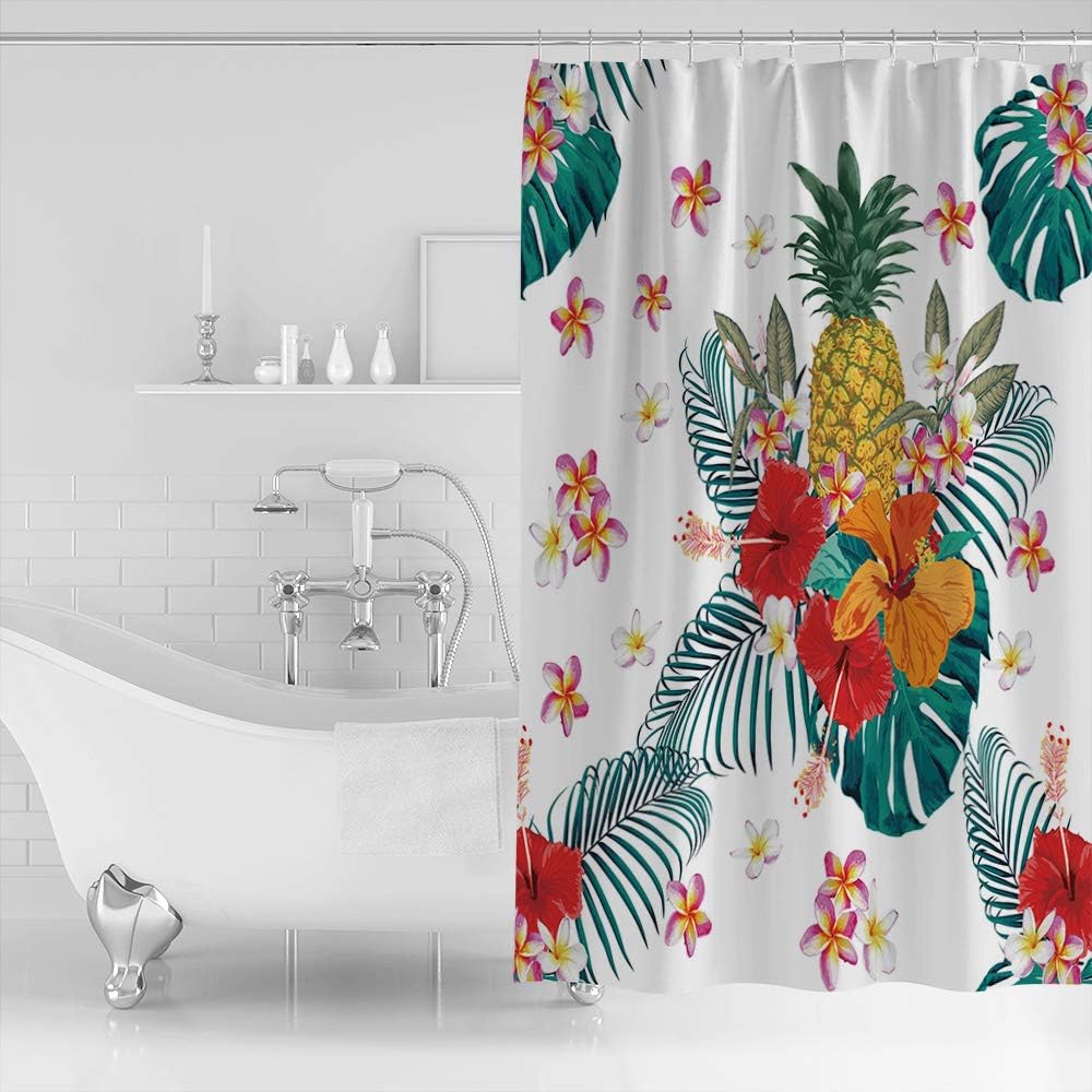 Watercolor Palm Leaves Flowers and Pineapple Unique Shower Curtain
