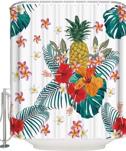 Watercolor Palm Leaves Flowers and Pineapple Unique Shower Curtain