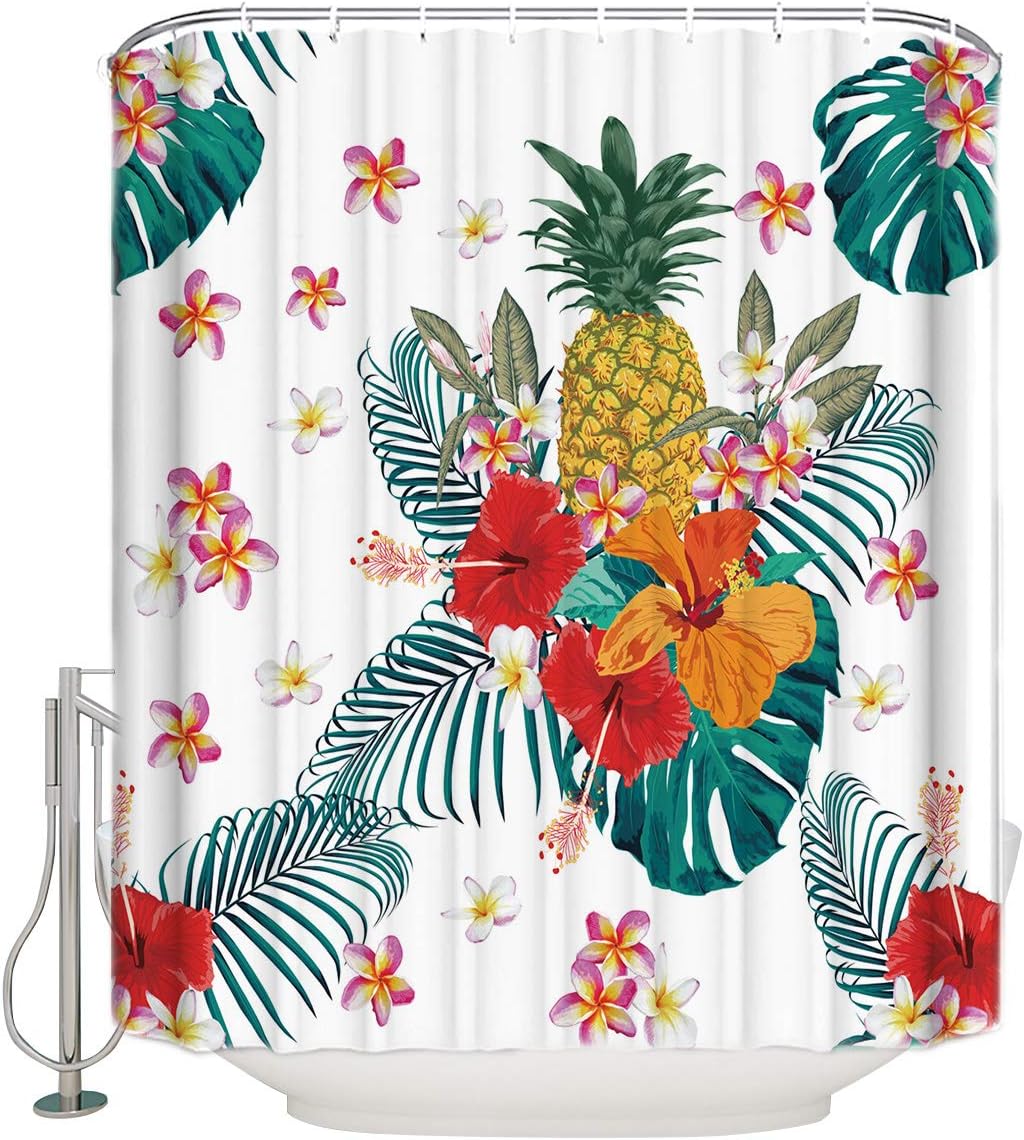 Watercolor Palm Leaves Flowers and Pineapple Unique Shower Curtain