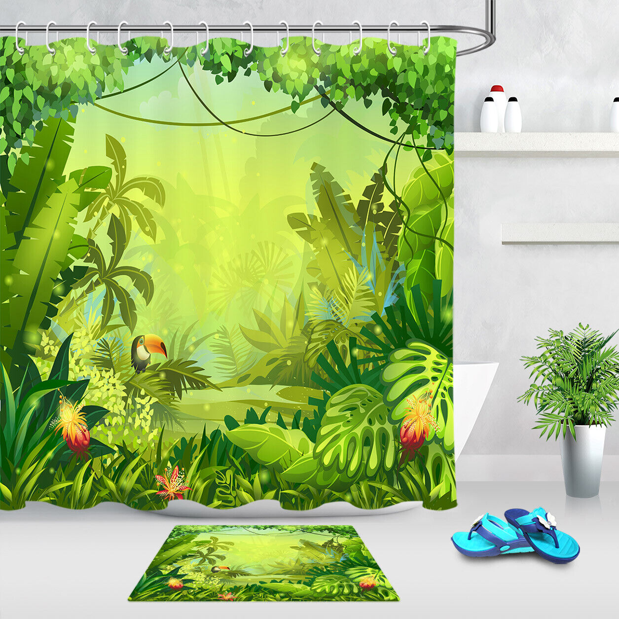 Watercolor Parrot in Tropical Jungle Shower Curtain for Bathroom Decor