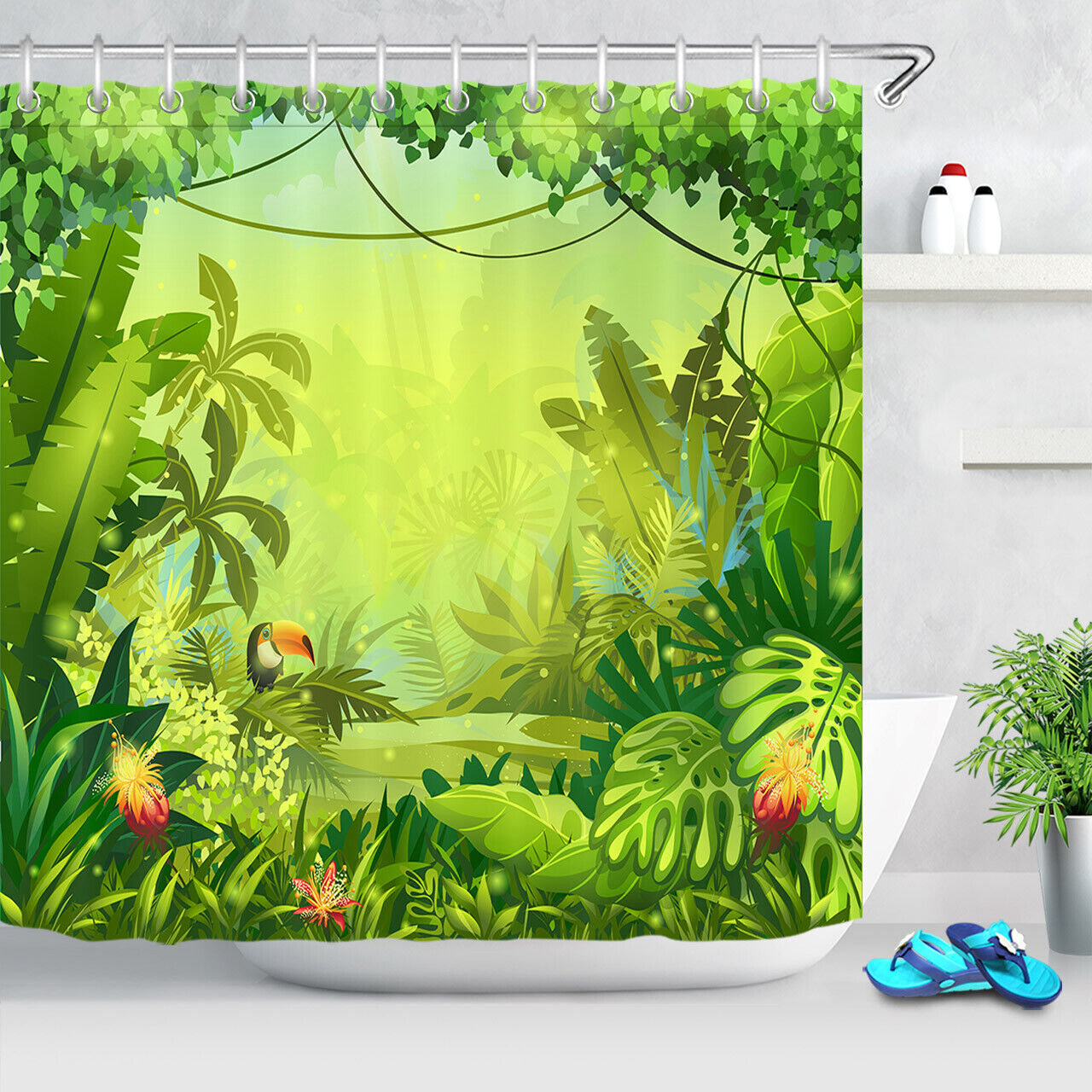 Watercolor Parrot in Tropical Jungle Shower Curtain for Bathroom Decor