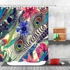 Watercolor Peacock Feather Flower Shower Curtain, Boho Bathroom Decor
