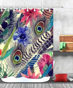 Watercolor Peacock Feather Flower Shower Curtain, Boho Bathroom Decor