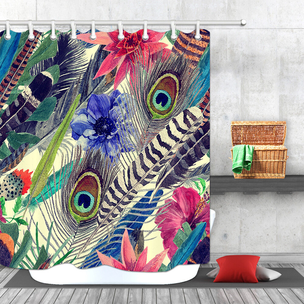 Watercolor Peacock Feather Flower Shower Curtain, Boho Bathroom Decor