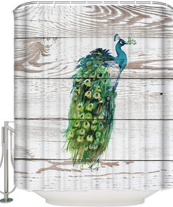 Watercolor Peacock and Wood Grain Print Shower Curtain for Bathroom Decor
