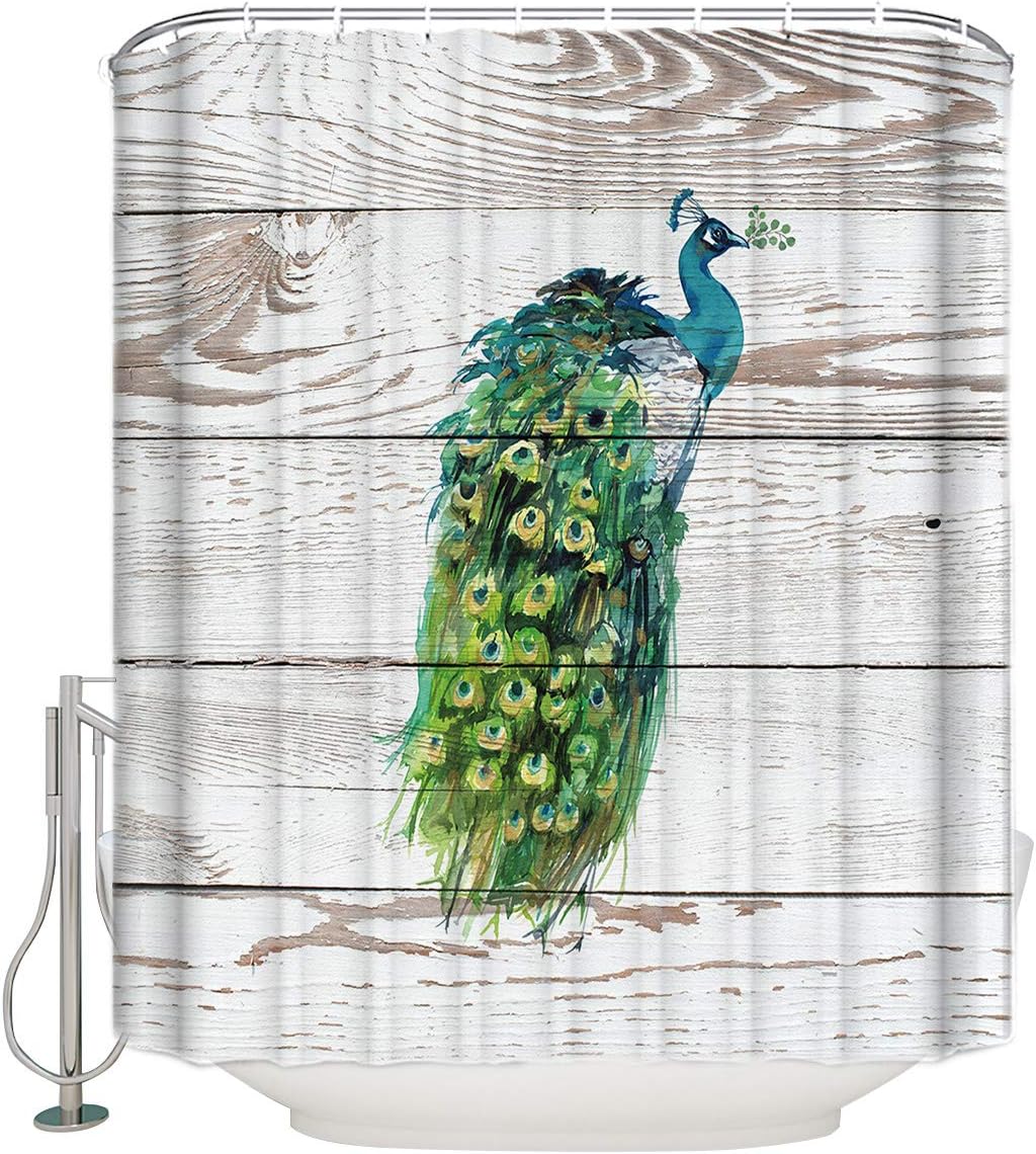 Watercolor Peacock and Wood Grain Print Shower Curtain for Bathroom Decor