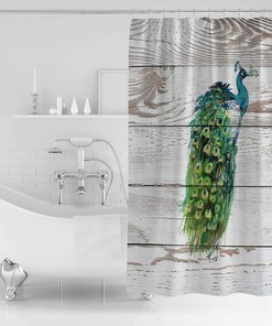 Watercolor Peacock and Wood Grain Print Shower Curtain for Bathroom Decor