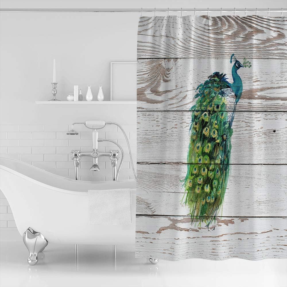 Watercolor Peacock and Wood Grain Print Shower Curtain for Bathroom Decor