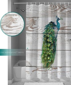 Watercolor Peacock and Wood Grain Print Shower Curtain for Bathroom Decor