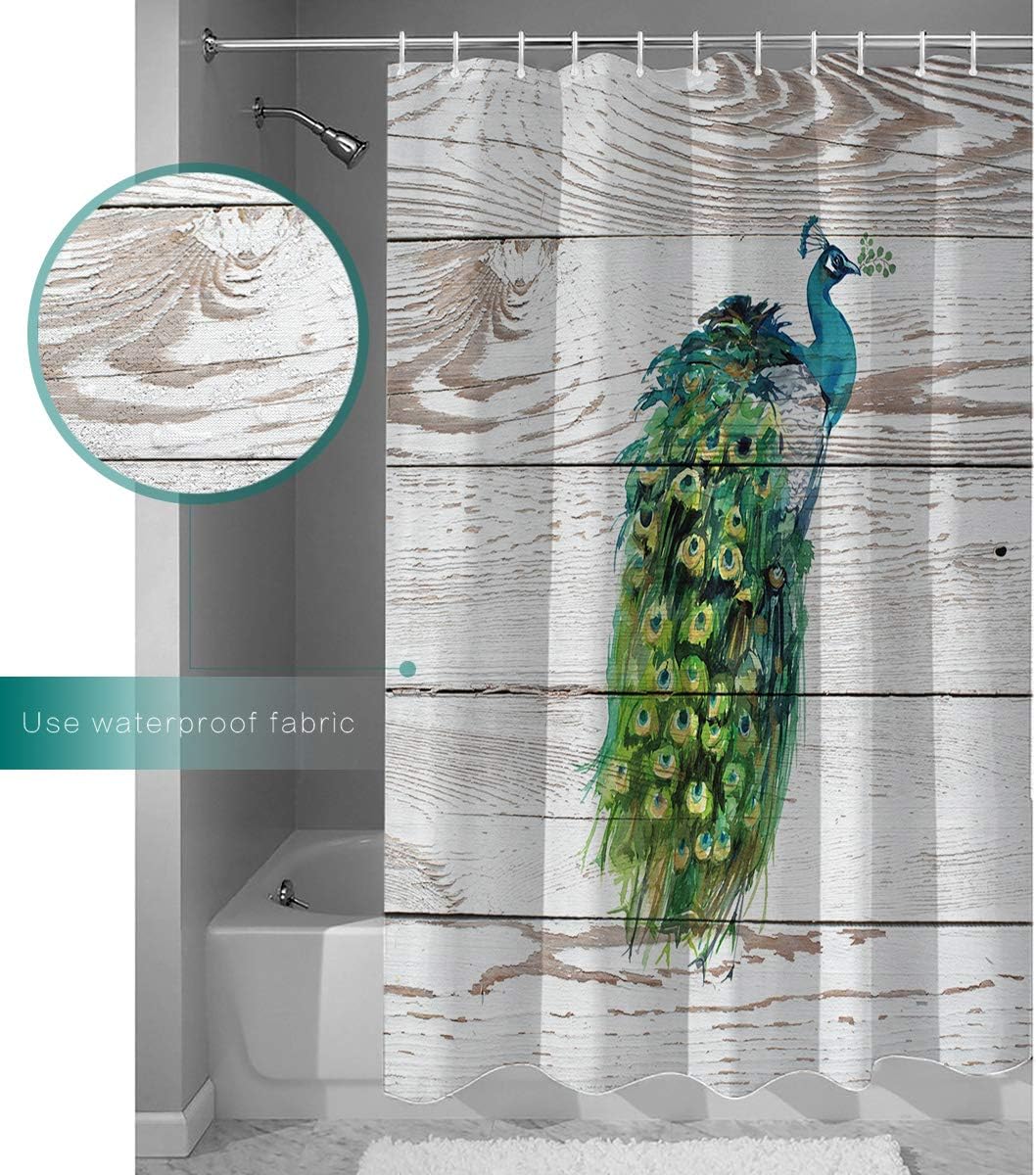 Watercolor Peacock and Wood Grain Print Shower Curtain for Bathroom Decor