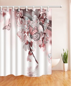 Watercolor Pear Flower Butterfly Shower Curtain for Spring Bathroom