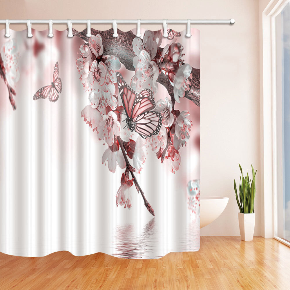 Watercolor Pear Flower Butterfly Shower Curtain for Spring Bathroom