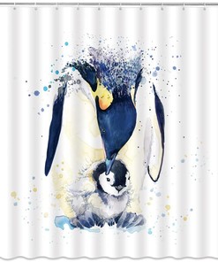 Watercolor Penguin Shower Curtain with Cute Animal Design for Kids Bathroom Decor
