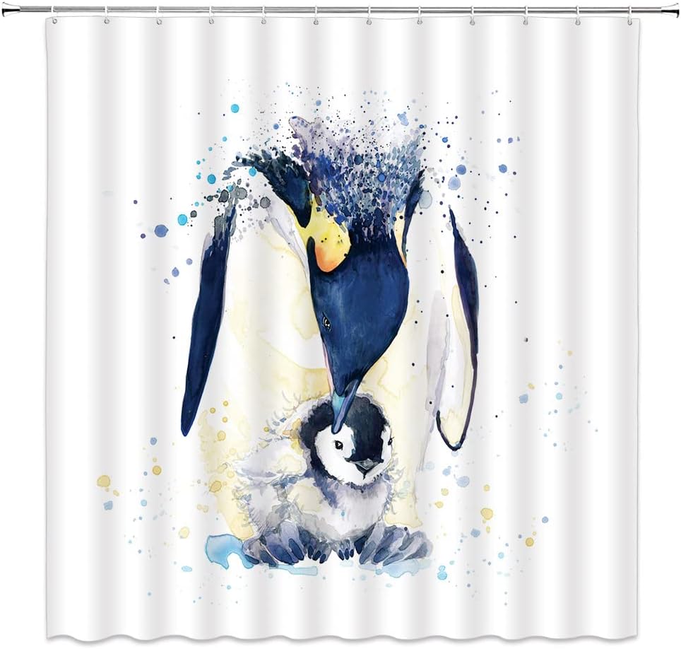 Watercolor Penguin Shower Curtain with Cute Animal Design for Kids Bathroom Decor