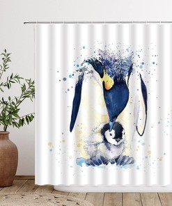 Watercolor Penguin Shower Curtain with Cute Animal Design for Kids Bathroom Decor