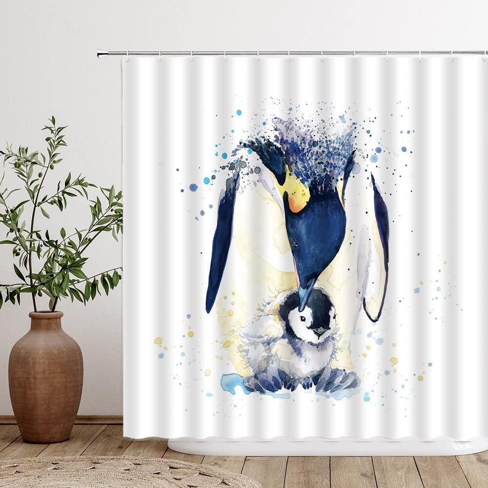 Watercolor Penguin Shower Curtain with Cute Animal Design for Kids Bathroom Decor