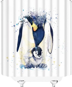 Watercolor Penguin Shower Curtain with Cute Animal Design for Kids Bathroom Decor