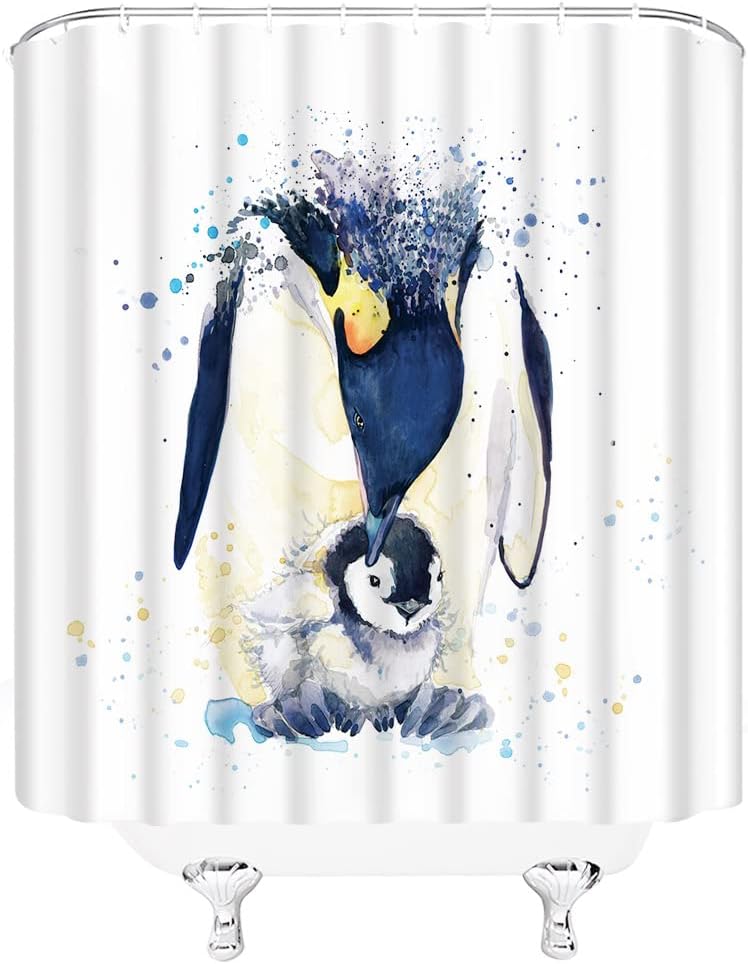 Watercolor Penguin Shower Curtain with Cute Animal Design for Kids Bathroom Decor