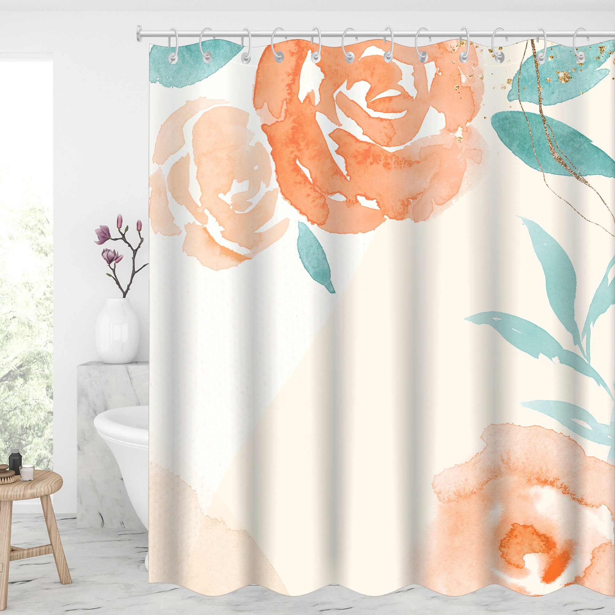 Watercolor Peony Flowers Shower Curtain, Modern Bathroom Decor