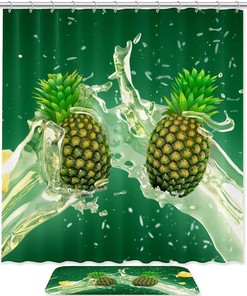 Watercolor Pineapple Shower Curtain with Non-slip Mat for Modern Bathroom Decor