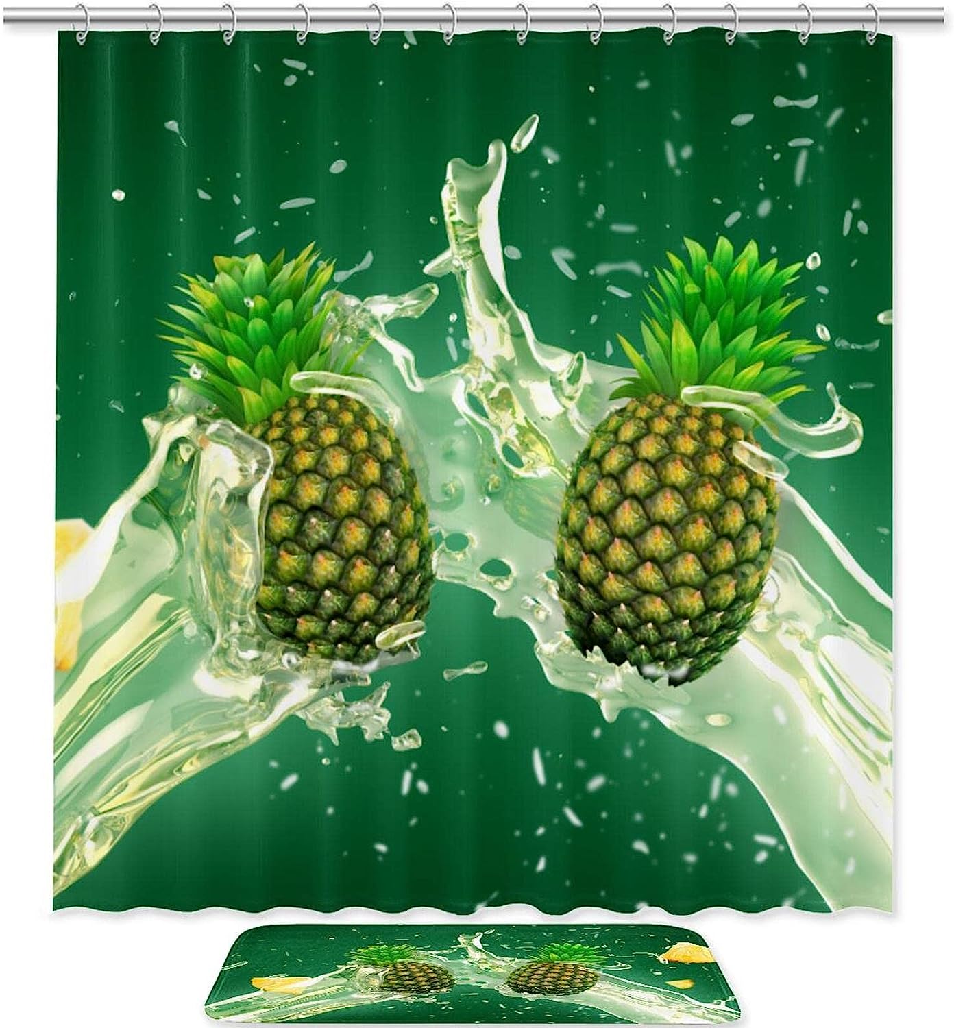 Watercolor Pineapple Shower Curtain with Non-slip Mat for Modern Bathroom Decor