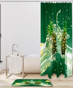 Watercolor Pineapple Shower Curtain with Non-slip Mat for Modern Bathroom Decor