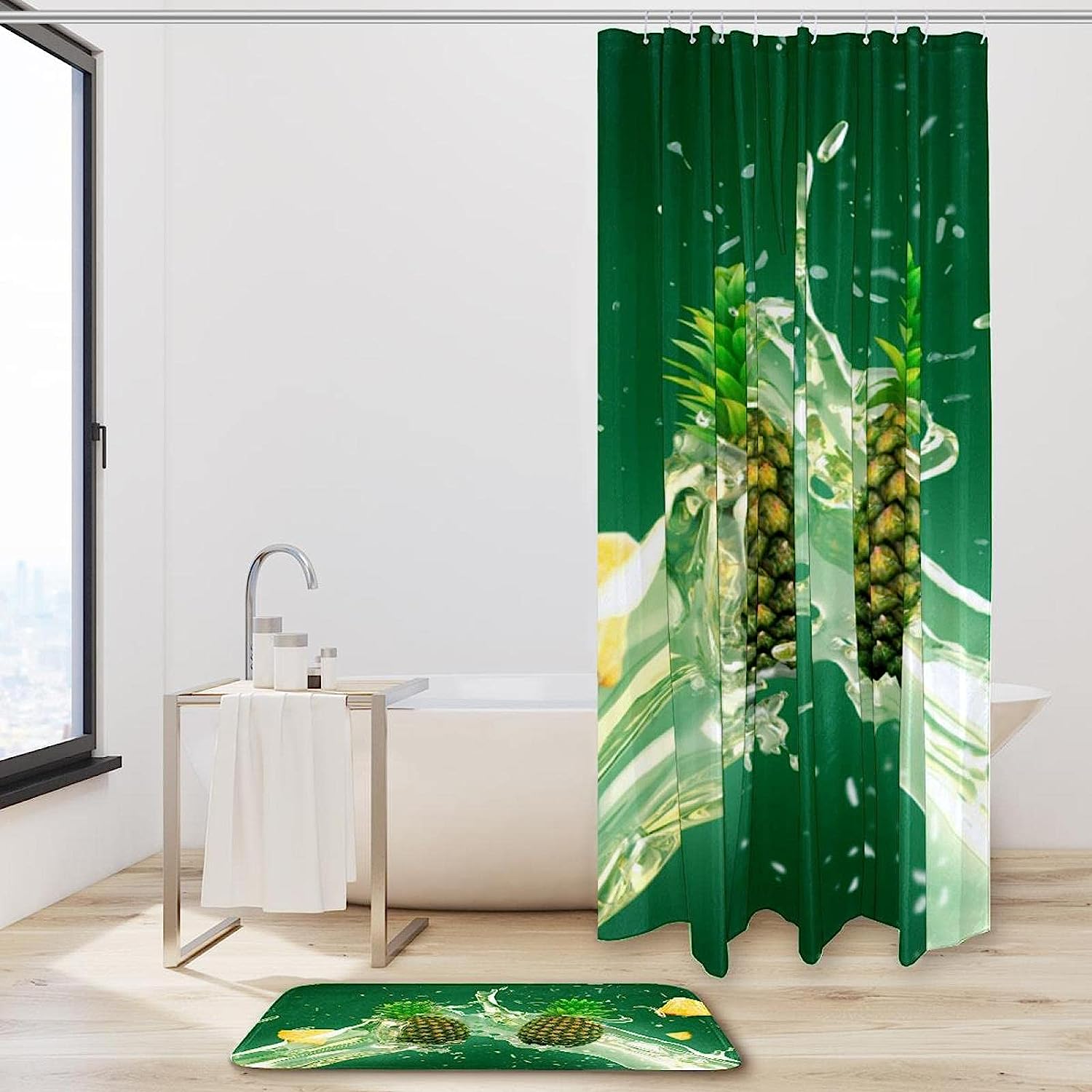 Watercolor Pineapple Shower Curtain with Non-slip Mat for Modern Bathroom Decor
