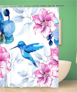 Watercolor Pink And Blue Hummingbirds Shower Curtain With Flower Design
