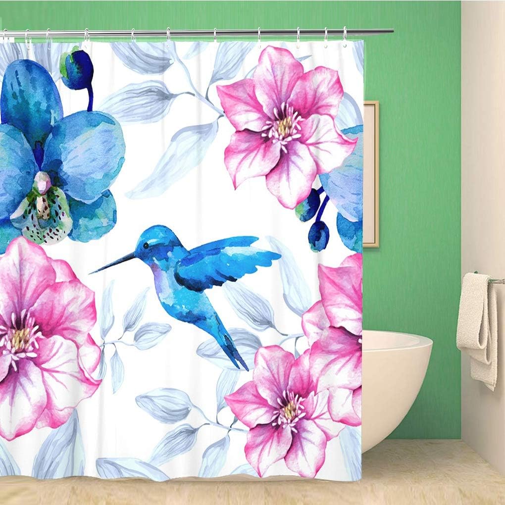 Watercolor Pink And Blue Hummingbirds Shower Curtain With Flower Design
