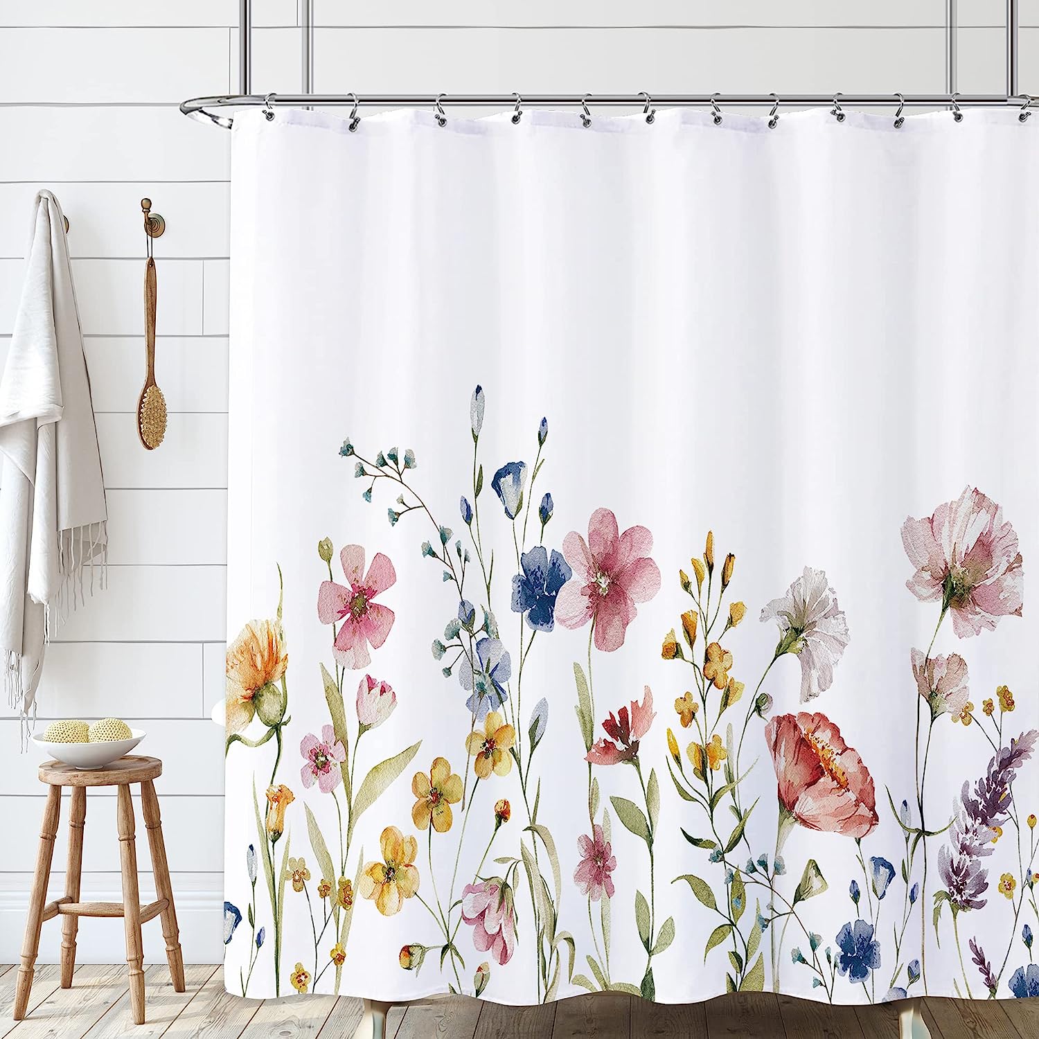 Watercolor Pink Floral Botanical Shower Curtain for Spring Bathroom Theme